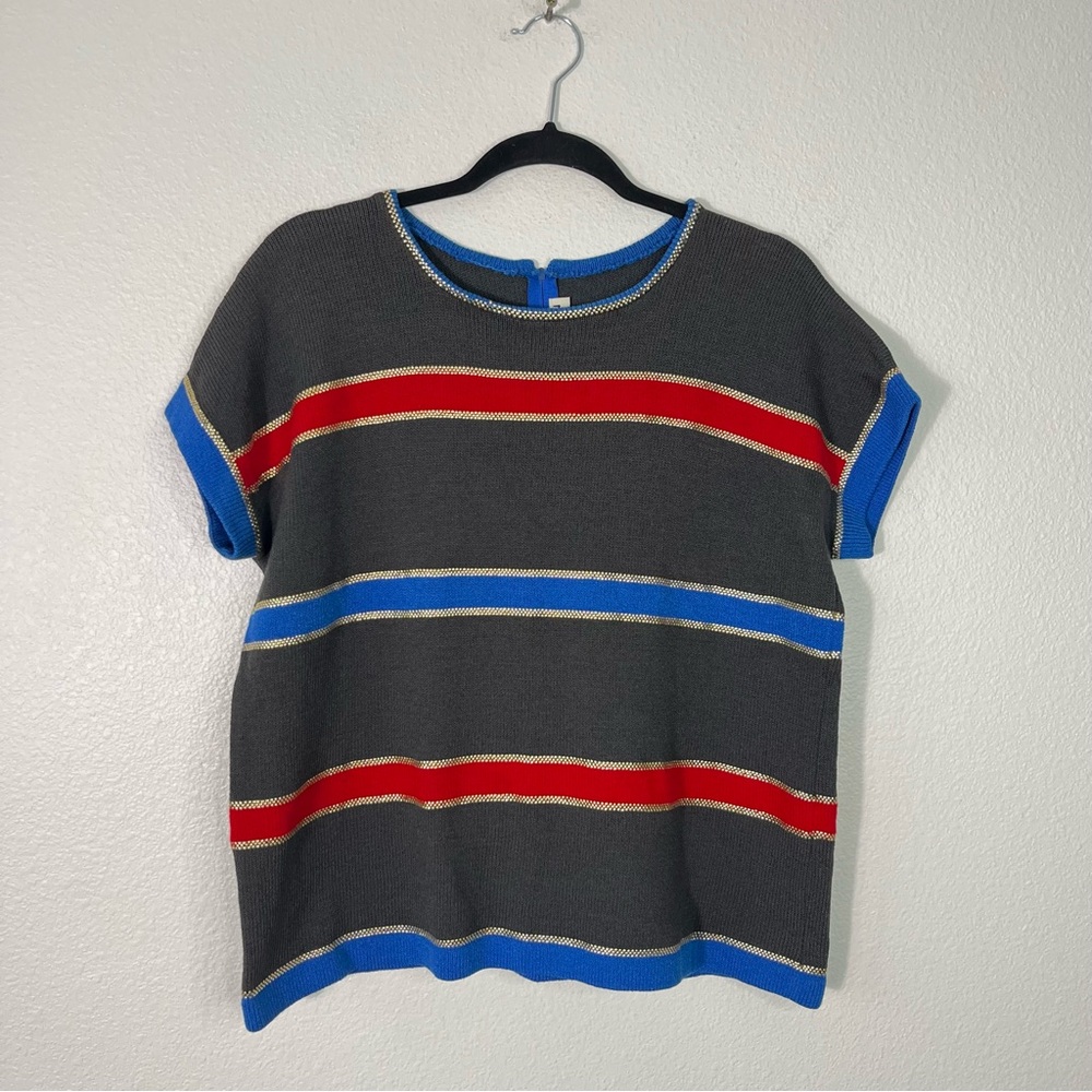St John Marie Gray Knit Top Striped Short Sleeve Luxury Designer Gold Accent XL